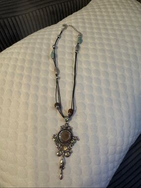 Bohemian Silver-Tone Pendant Necklace with Brown and Green Accents